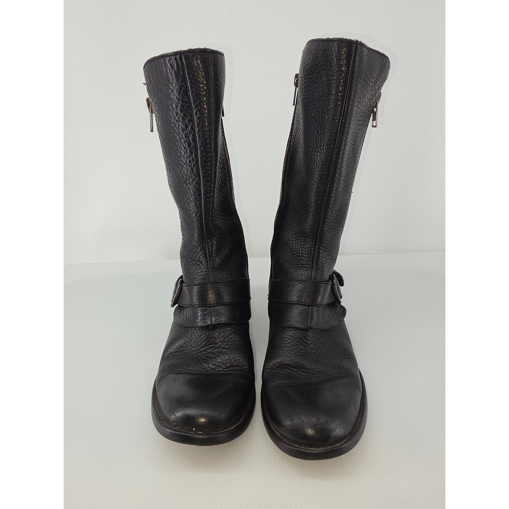 Born D77103 Womens Black Pebbled Leather Moto Mid Calf Buckle Boots Size 9M
